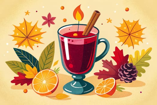 A steaming cup of mulled wine sits on a table surrounded by the colorful foliage of autumn, including red and yellow leaves, a pine cone, and a sliced orange. A cinnamon stick peeks out from the top of the glass, suggesting the warm spices within.