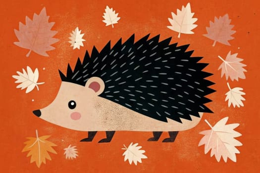 A hedgehog with black and gray spines stands on an orange background. Surrounding the hedgehog are scattered, brightly colored autumn leaves, swirling around it as they fall.