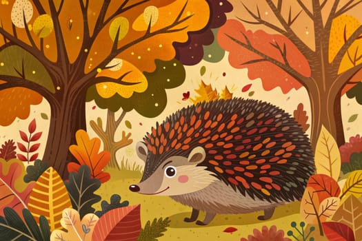 A hedgehog, adorned with colorful quills that mimic the surrounding autumn foliage, wanders through a woodland setting. The trees are ablaze with vibrant oranges, yellows, and reds, while fallen leaves create a carpet of color beneath.