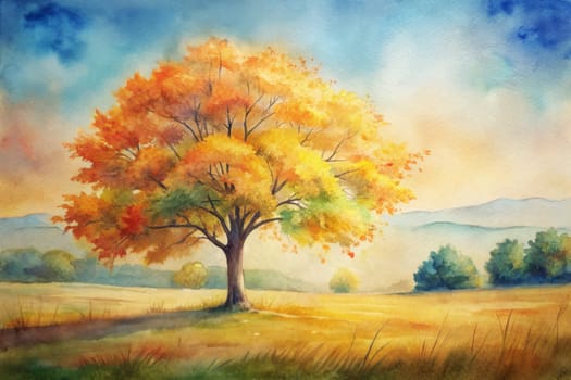 A solitary tree stands tall in a field of golden grass, its leaves ablaze with vibrant autumn colors. The background features a hazy blue sky and rolling hills, creating a serene and picturesque landscape.