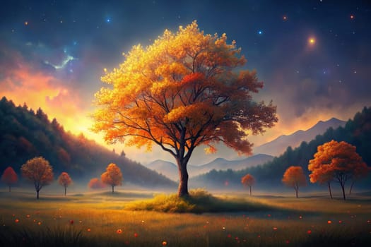 A single, vibrant golden tree stands tall in a field surrounded by smaller trees and mountains. The sky above is a rich blue canvas dotted with glittering stars. The air is clear and crisp, with a faint glow of orange from the setting sun.