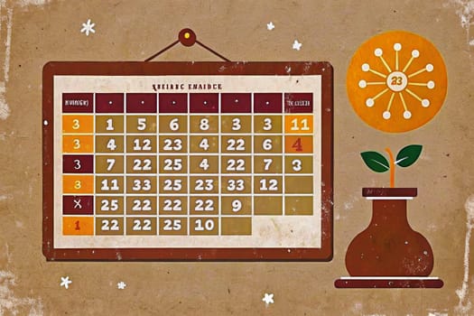 A vintage calendar hangs on a wall with a number of days displayed. The calendar has faded colors and a distressed look. On the wall, a stylized sunflower with the number 23 inside is also displayed, along with a tiny plant in a brown pot.