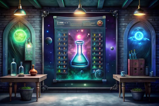 A dimly lit laboratory, with glowing hanging lights, features a large chalkboard depicting a cosmic scene with planets, stars, and a glowing blue potion. A small table and stool sit beside the chalkboard, while a table with drawers holds a collection of bottles and orbs, adding to the laboratory's mystical atmosphere.