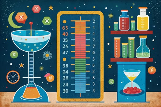 A black chalkboard with a wooden frame is filled with a starry night sky backdrop. On the chalkboard are two graduated cylinders and a beaker, with one cylinder connected to the beaker by a line. Numbers are present on the cylinders, representing measurement markings.