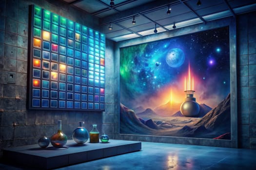 A dimly lit laboratory, with glowing hanging lights, features a large chalkboard depicting a cosmic scene with planets, stars, and a glowing blue potion. A small table and stool sit beside the chalkboard, while a table with drawers holds a collection of bottles and orbs, adding to the laboratory's mystical atmosphere.
