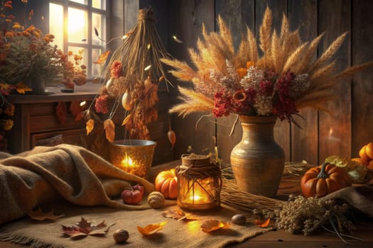 An assortment of dried flowers and grasses in a rustic vase sit on a wooden table, illuminated by candlelight. The table is set with a burlap runner and scattered autumn leaves. The scene is framed by a window with a view of a blurred autumn landscape.
