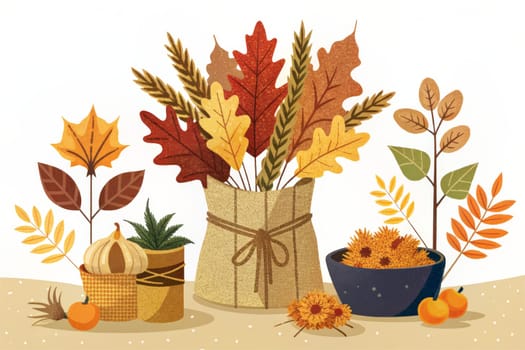 A vase filled with a colorful autumnal bouquet of yellow, red, and orange flowers is nestled amongst scattered leaves, candles, and small, round objects, all on a neutral background. The image evokes a warm and comforting feeling of the fall season.