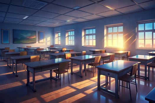 Sunlight streams through the windows of a classroom, illuminating the empty desks and chairs. The scene is serene and peaceful, suggesting a moment of quiet before the school day begins.