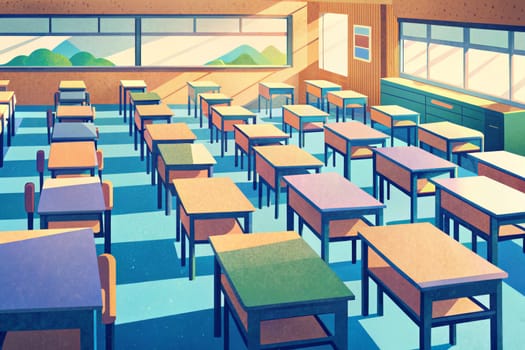 Rows of desks and chairs stand ready in a bright, sunlit classroom. The large windows offer a view of green hills outside, and the sunlight casts long shadows across the blue tiled floor.