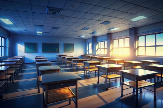 Sunlight streams through the windows of a classroom, illuminating the empty desks and chairs. The scene is serene and peaceful, suggesting a moment of quiet before the school day begins.