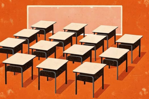 A classroom with a blank whiteboard at the front, and rows of empty desks lined up in perfect formation, ready for students to return.