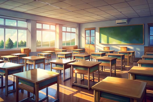 Golden sunlight streams through large windows, illuminating an empty classroom with rows of desks and chairs. The soft glow of the morning sun casts long shadows across the wooden floor, creating a serene and inviting atmosphere.