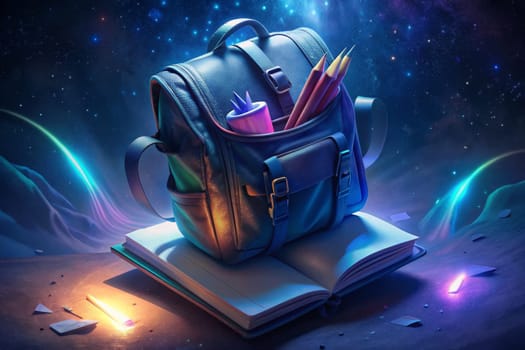 A worn leather backpack rests on an open book under a starry night sky. A few pencils peek from the top of the bag, and a faint glow emanates from the pages of the open book. The scene suggests a world where dreams take flight and imagination is boundless.