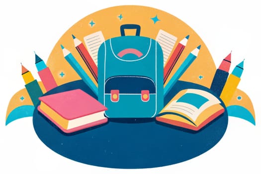 A bright blue backpack sits surrounded by books, pencils, and other school supplies, radiating a sense of excitement and anticipation for the start of the school year.