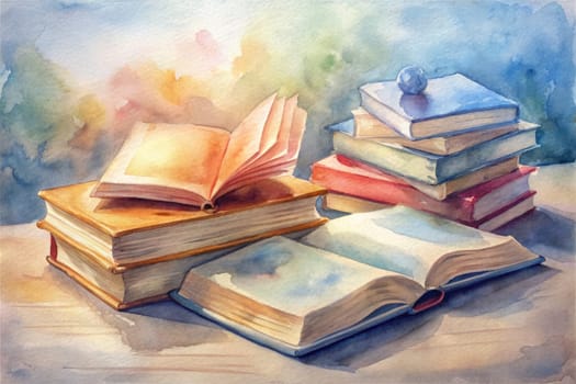 An open book with pages turned back rests on a table alongside a stack of closed books, painted in a soft watercolor style with a warm, inviting tone.