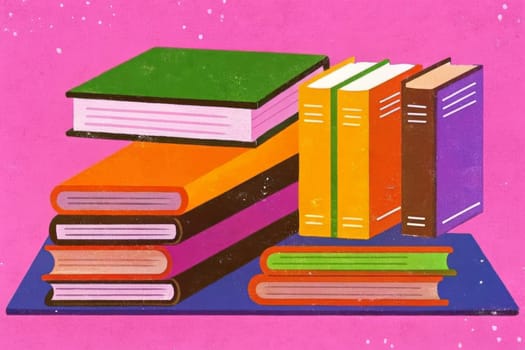 A variety of colorful hardback books are stacked on a blue mat against a pink background. There are two stacks of books, one stacked horizontally and the other vertically. The books are arranged in a way that creates a visual interest, drawing the viewer's attention to the diversity of the collection.