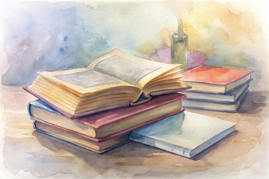 An open book with pages turned back rests on a table alongside a stack of closed books, painted in a soft watercolor style with a warm, inviting tone.