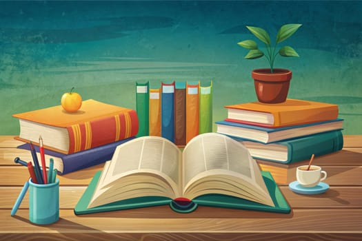 A wooden table is covered in books, with one open book resting in the center, bathed in the warm light of a lamp. Pens, pencils, and a cup are also present on the table, creating an inviting atmosphere for reading and writing.