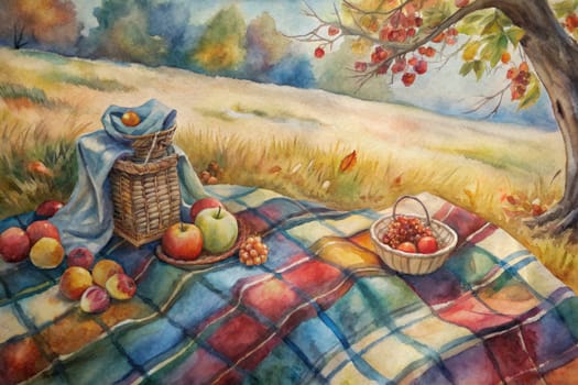 A watercolor painting of a peaceful picnic scene. A checkered blanket lays on the ground, with a basket of fruit and two other baskets nearby. A large tree with red berries stands in the background. The scene is bathed in warm sunlight, and the colors are soft and inviting.