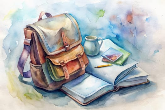 A watercolor painting depicts a still life scene featuring a brown leather backpack, a white mug, and an open book with a yellow pencil resting on top. The scene is set against a soft, blue watercolor background.