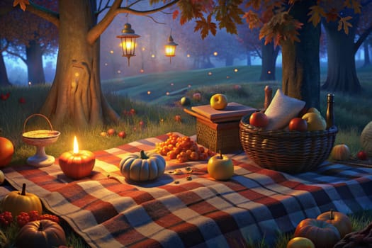 A cozy picnic blanket is spread out under the glowing light of a full moon, nestled amongst the trees and fallen leaves. A basket overflowing with fruit sits next to plates of ripe berries, offering a delightful scene of autumnal tranquility.