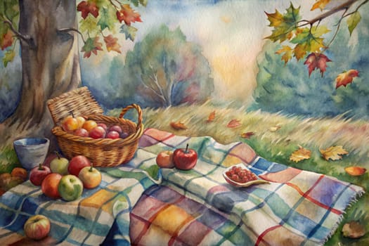 A watercolor painting of a peaceful picnic scene. A checkered blanket lays on the ground, with a basket of fruit and two other baskets nearby. A large tree with red berries stands in the background. The scene is bathed in warm sunlight, and the colors are soft and inviting.