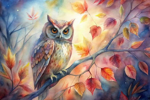 A majestic owl, its feathers a tapestry of blues and oranges, sits on a branch adorned with vibrant autumn leaves. The soft light filtering through the canopy casts a warm glow on the scene, highlighting the owl's piercing gaze and the intricate details of its plumage.