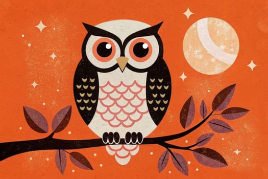 A wise owl with large, round eyes sits on a branch, looking out at the night sky. The moon is visible behind the owl, shining brightly. The sky is a warm orange with scattered white stars. The owl's feathers are detailed in a pattern of black, white, and gold.