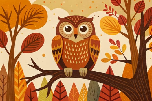 A majestic owl, with large, expressive eyes, perches on a branch adorned with vibrant autumn leaves. The backdrop features a hazy, sun-kissed landscape, painted in warm, earthy tones.