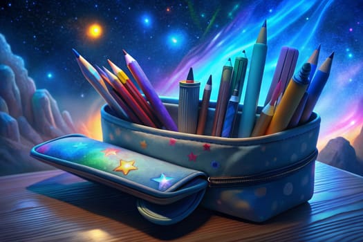 A star-studded night sky with a swirling nebula hangs above a wooden desk where a vibrant pencil case sits open, overflowing with colorful pencils and pens, ready to capture the magic of the cosmos.