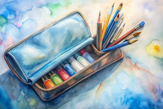 a variety of paintbrushes, colored pencils, and small tubes of paint. The open lid of the blue case reveals the colorful contents, hinting at the creative possibilities within.