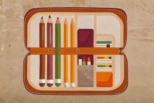 A vintage-style pencil case with a worn, textured exterior sits against a bright orange background. The case is open, revealing a collection of colorful pencils arranged neatly inside. A single sharpened pencil is pulled out from the case, ready for use.