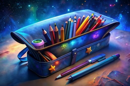 A star-studded night sky with a swirling nebula hangs above a wooden desk where a vibrant pencil case sits open, overflowing with colorful pencils and pens, ready to capture the magic of the cosmos.