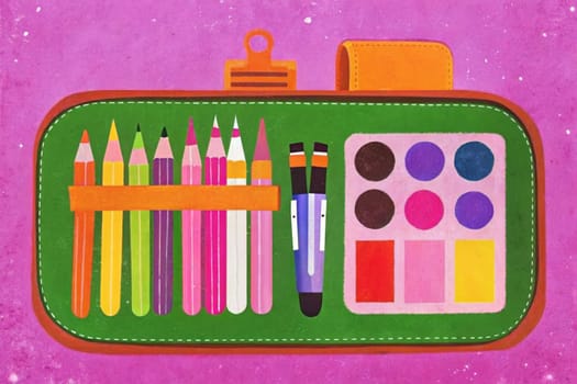 A vintage-style pencil case with a worn, textured exterior sits against a bright orange background. The case is open, revealing a collection of colorful pencils arranged neatly inside. A single sharpened pencil is pulled out from the case, ready for use.