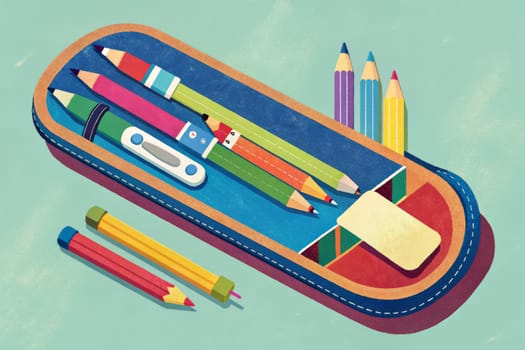 An open pencil case is overflowing with brightly colored pencils, a pink eraser, and a yellow pencil sharpener. All of this is set against a blue background dotted with sparkling stars.