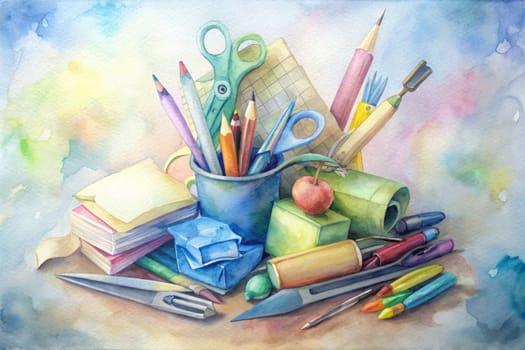 A vibrant collection of school supplies, including pencils, markers, a ruler, a pencil sharpener, an eraser, a paperclip, and a compass, are arranged in a chaotic yet artistic composition. The bold colors and geometric shapes create a playful and dynamic image.