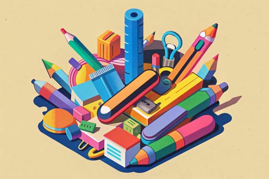 A vibrant collection of school supplies, including pencils, markers, a ruler, a pencil sharpener, an eraser, a paperclip, and a compass, are arranged in a chaotic yet artistic composition. The bold colors and geometric shapes create a playful and dynamic image.