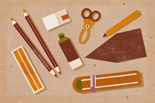 A collection of everyday supplies, including pencils, a pencil sharpener, a pair of scissors, a ruler, and a small bag, are arranged in a neat row on a bright orange background. The items are depicted in a flat, graphic style and appear to be arranged for a still life.