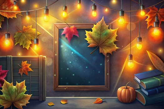 A cozy autumn scene with a framed image of a starry night hangs on a wall adorned with fallen leaves. The warm glow of string lights illuminates the room, casting a gentle light on the objects below. Books, a pumpkin, and a few leaves rest on a shelf, completing the picture of a peaceful evening.