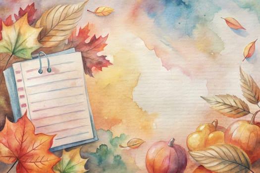 An open notebook sits on a table surrounded by colorful autumn leaves in a watercolor painting. There are two pencils and a clipboard with a pen on the notebook. The vibrant colors and artistic style evoke a sense of creativity and inspiration.
