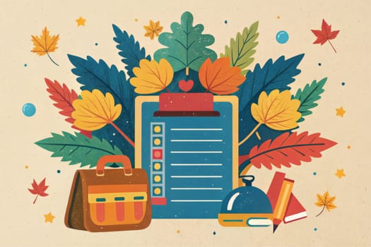 A checklist on a clipboard is surrounded by colorful autumn leaves, a briefcase, a pencil, a book stack, and a bell, all on a cream-colored background dotted with stars and bubbles.