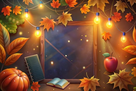 A cozy autumn scene with a framed image of a starry night hangs on a wall adorned with fallen leaves. The warm glow of string lights illuminates the room, casting a gentle light on the objects below. Books, a pumpkin, and a few leaves rest on a shelf, completing the picture of a peaceful evening.