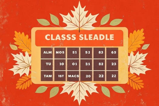 A vintage-style calendar with the words Farm Schedule written across the top, framed by brown leaves on an orange background. The calendar is filled with handwritten letters and numbers, creating a cozy and nostalgic atmosphere.