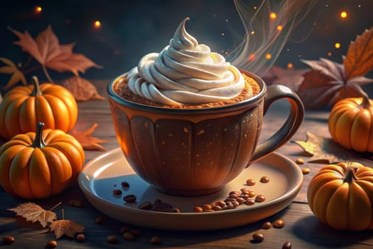A mug of pumpkin spice latte topped with whipped cream sits on a wooden table, surrounded by pumpkins, cinnamon sticks, and star anise. Warm, golden light illuminates the scene, creating a cozy and inviting atmosphere.