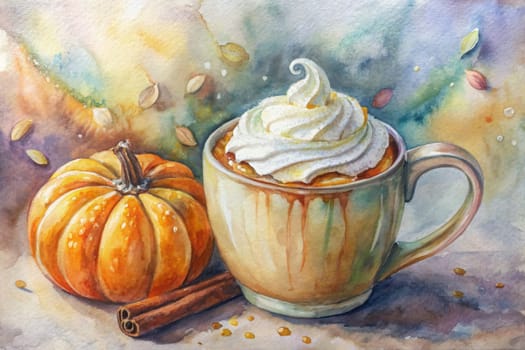 A watercolor painting depicts a warm pumpkin spice latte topped with whipped cream, nestled next to a miniature pumpkin and two cinnamon sticks. The background features a whimsical watercolor wash with falling leaves, suggesting an autumnal setting.