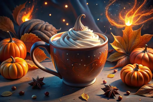 A mug of pumpkin spice latte topped with whipped cream sits on a wooden table, surrounded by pumpkins, cinnamon sticks, and star anise. Warm, golden light illuminates the scene, creating a cozy and inviting atmosphere.