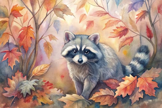 A raccoon with a curious expression stands on a mound of fallen leaves, its eyes focused on something out of frame. Autumn leaves of various colors swirl around it, creating a vibrant and charming scene.