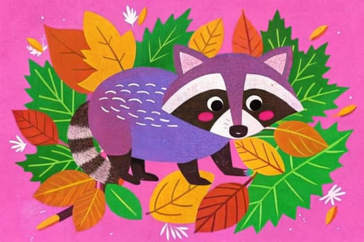 A purple and black raccoon with a bushy tail stands among a colorful collection of leaves. The raccoon's big, round eyes and small, pink nose make it look curious and playful. The leaves are in various shades of red, orange, yellow, and green, suggesting a vibrant fall scene. The pink background adds a cheerful touch to the composition.