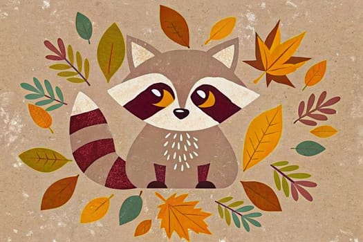 A purple and black raccoon with a bushy tail stands among a colorful collection of leaves. The raccoon's big, round eyes and small, pink nose make it look curious and playful. The leaves are in various shades of red, orange, yellow, and green, suggesting a vibrant fall scene. The pink background adds a cheerful touch to the composition.