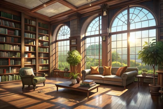 Two plush couches are placed facing a large window that frames a breathtaking view of a sun-kissed landscape, beckoning readers to settle in and lose themselves in the pages of a good book. The room is awash in warm, natural light that streams through the window, casting long shadows across the hardwood floor. Sunlight illuminates the shelves of the library, filled with volumes of knowledge and stories waiting to be discovered. The air is still and peaceful, perfect for quiet contemplation.